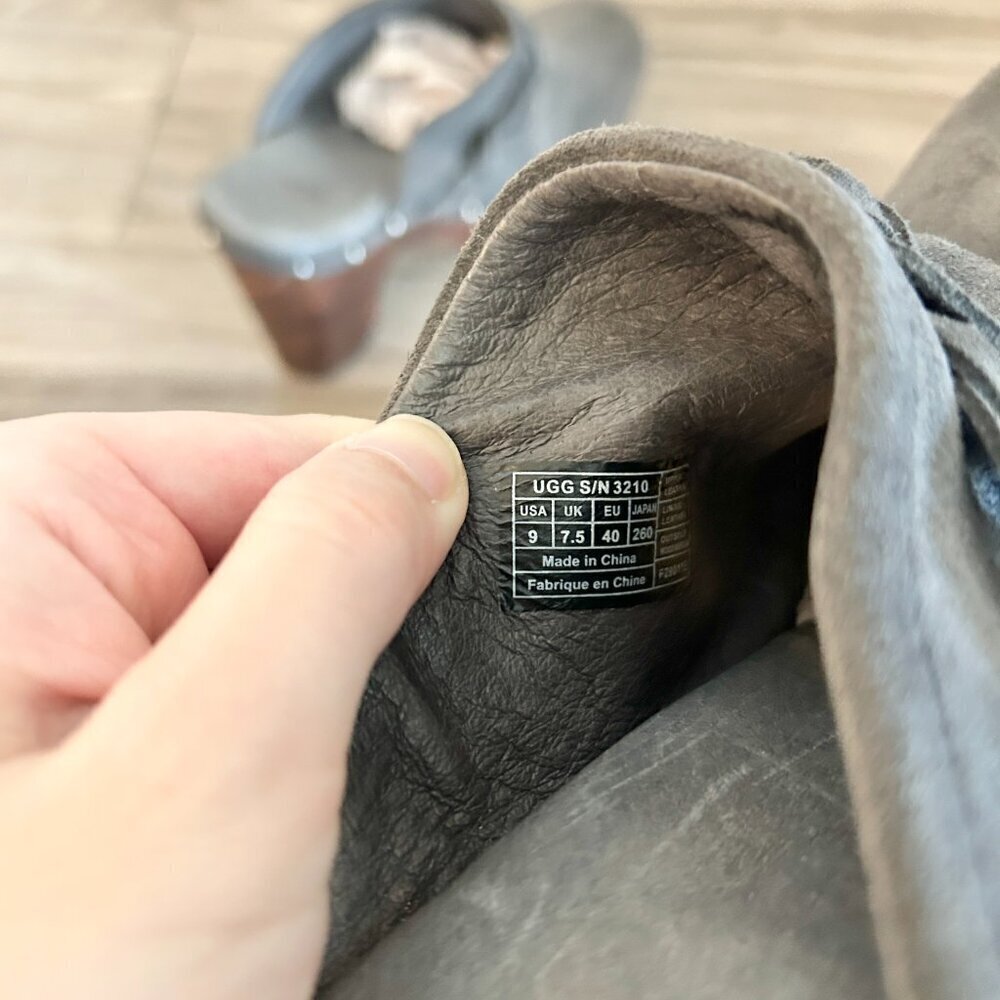 UGG Australia Dark Gray Fleece Kaylee Wooden Platform Clogs Size 9 - Picture 10 of 10